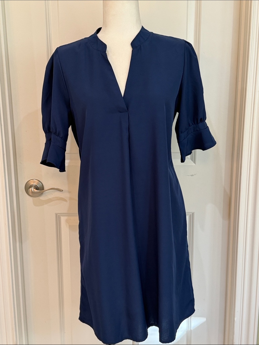 Navy V-Neck Short Ruffle Sleeve Women's Casual Work Dress